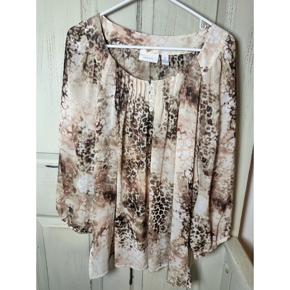 Chico's Womens Leopard Animal Print Blouse Top Sz 2 (L) Brown 3/4 Sleeve Sheer